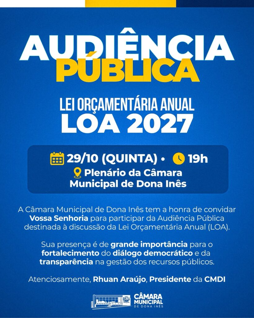 Câmara Municipal convida população para Audiência Pública da LOA 2027